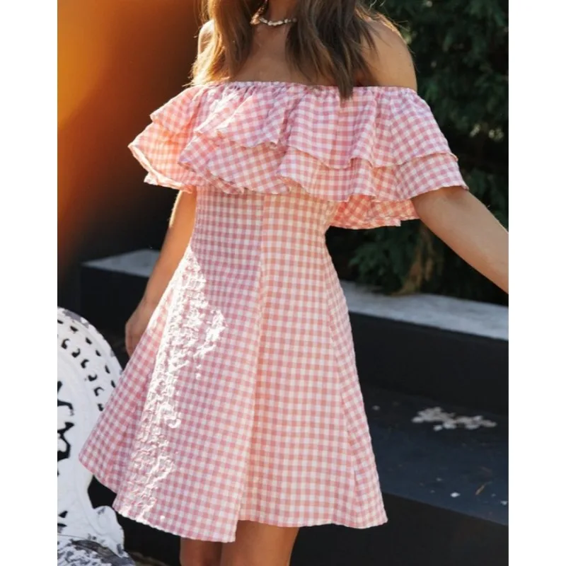 

2026 Spring and Summer Women's Plaid Shoulder Fashion Dress