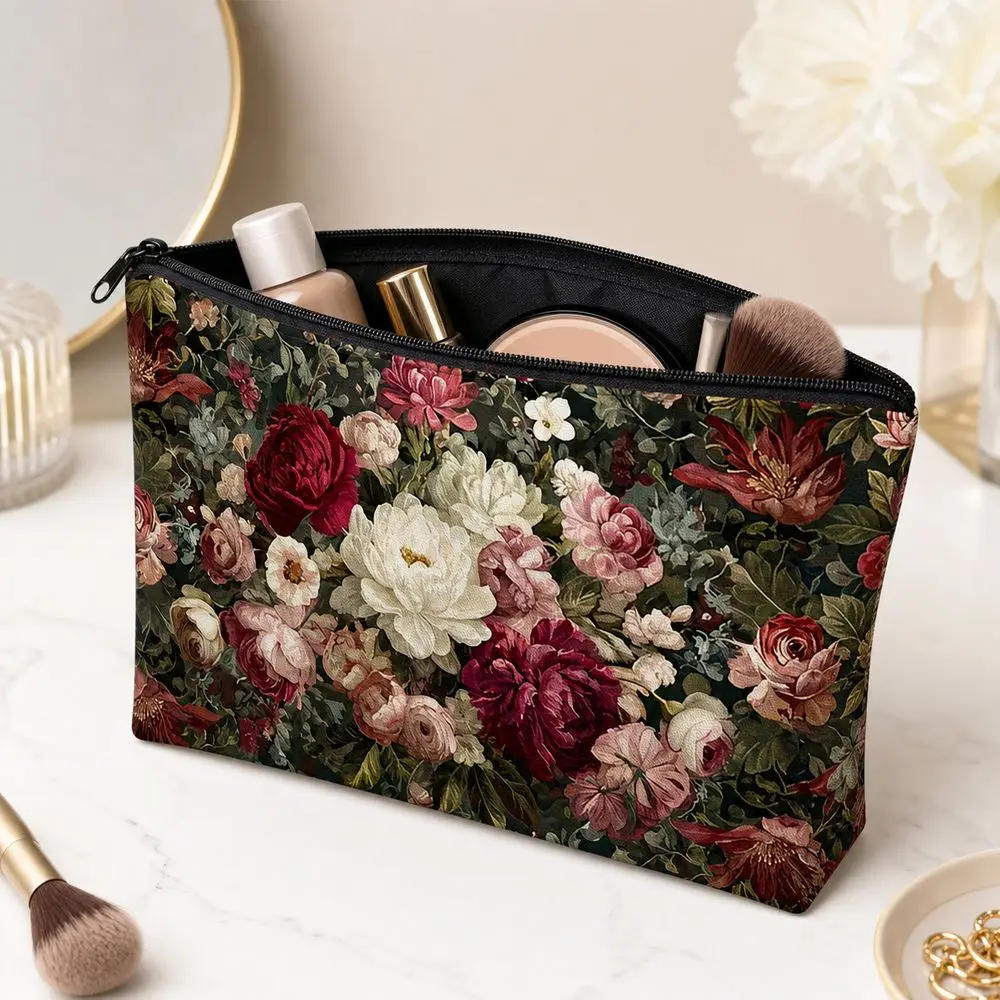 Zipper Closure Makeup Bag Portable Rectangular Shape Toiletry Bag Wide Storage Space Printed Pattern Storage Bag