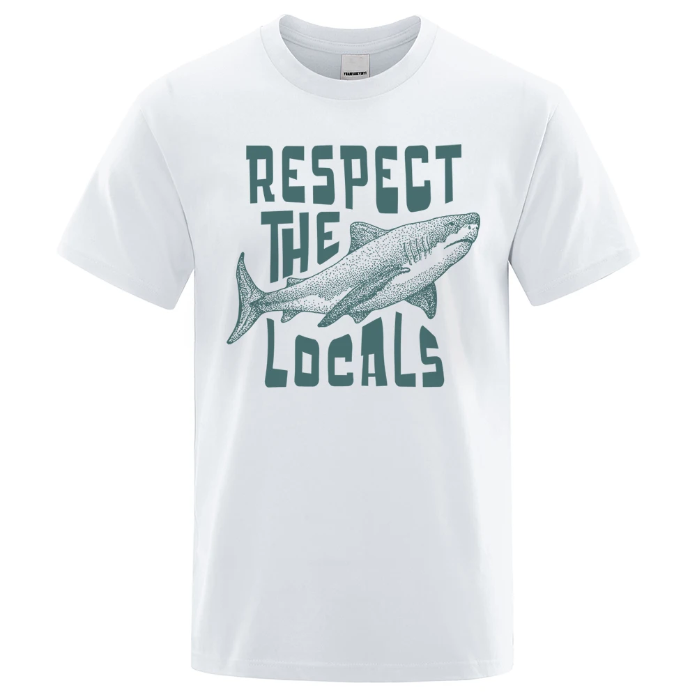 Respect The Locals Shark Personality Print Men T-Shirts Cotton Oversized Short Sleeve Shirt Loose T-Shirt Breathable Casual Tops