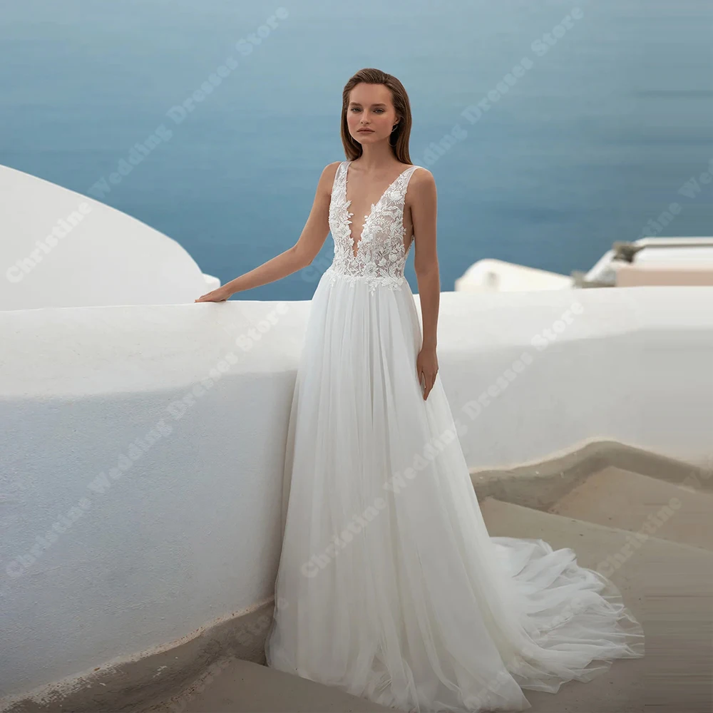 فساتين زفاف أنيقة على شكل حرف a للنساء مثيرة على شكل حرف v بدون أكمام من التل فستان العروس الرسمي للحفلات الأميرة فيستدوس دي نوفيا مخصص