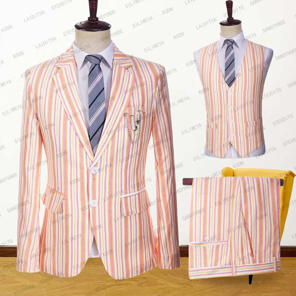 

2023 Men Suit White Orange Red Stripe Pattern Linen Formal Business Leisure Suit 3 Pieces Fashion Blazers