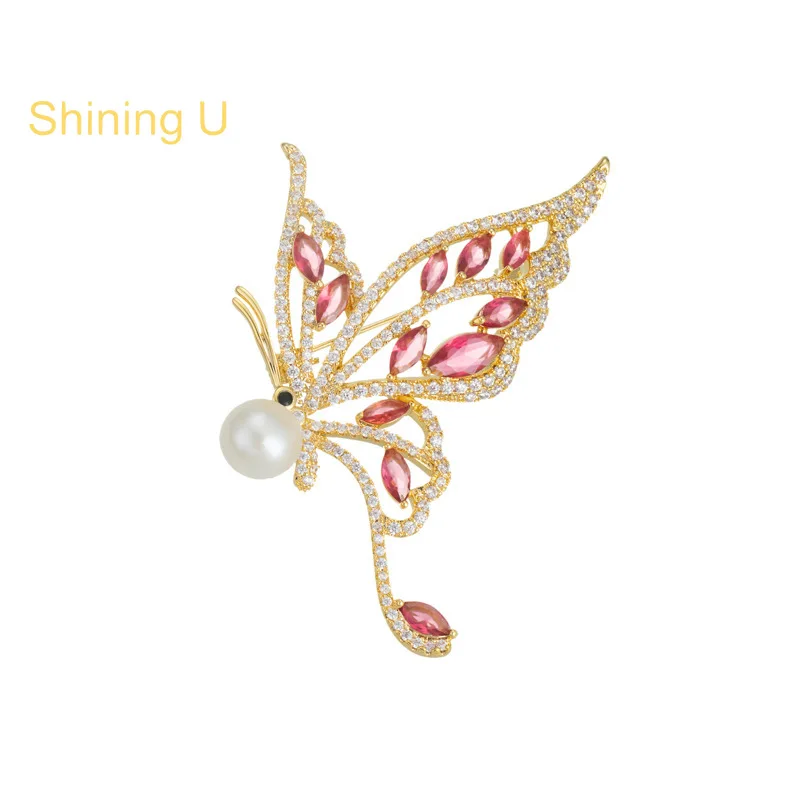 

Shining U Luxury Butterfly Pink Gems Brooch for Women Insect Fashion Accessory Gift