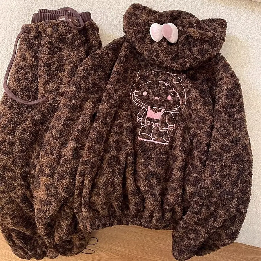 

Hello Kitty Leopard Print Coral Fleece Sanrio Hooded Pajama Set Two Piece Winter Cute Loungewear Cozy Home Outfit Warm Sleepwear