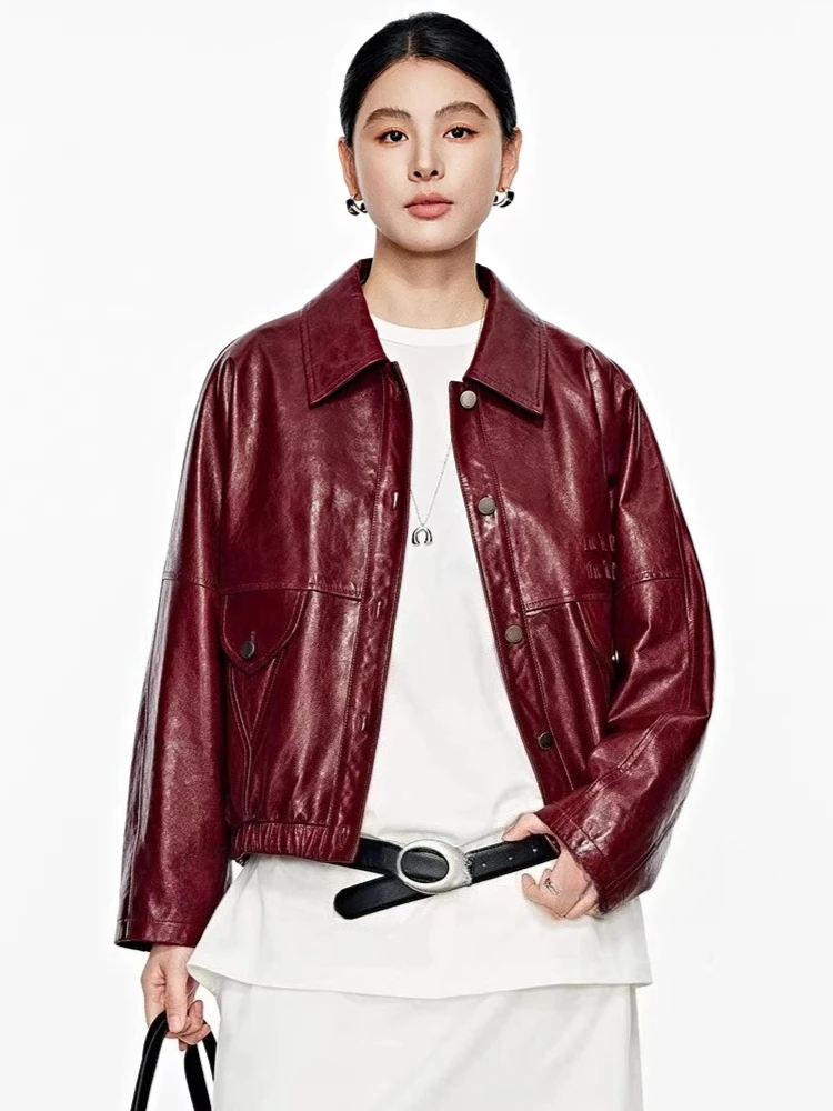 

Casual Short Genuine Leather Jackets for Women Spring Autumn 2026 New High-end Simple Solid Soft Oil Wax Real Sheepskin Coat