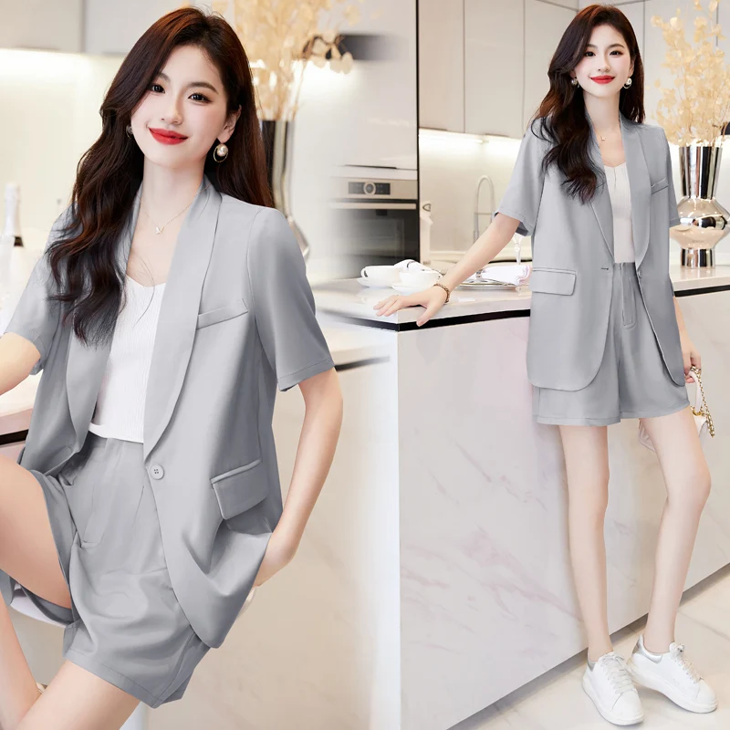 

Ladies Korean Simple Blazer Coat + Pants Summer 2023 Single Button 2 Pieces Work Suits Short Sleeve Female Solid Blazer Sets