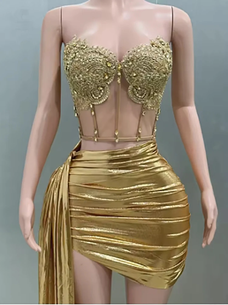 

Women's Sexy Two Piece Sets Gold Color Strapless Bodycon Mini Dress Bar Singer Nightclub Party Celebrate Birthday Dress