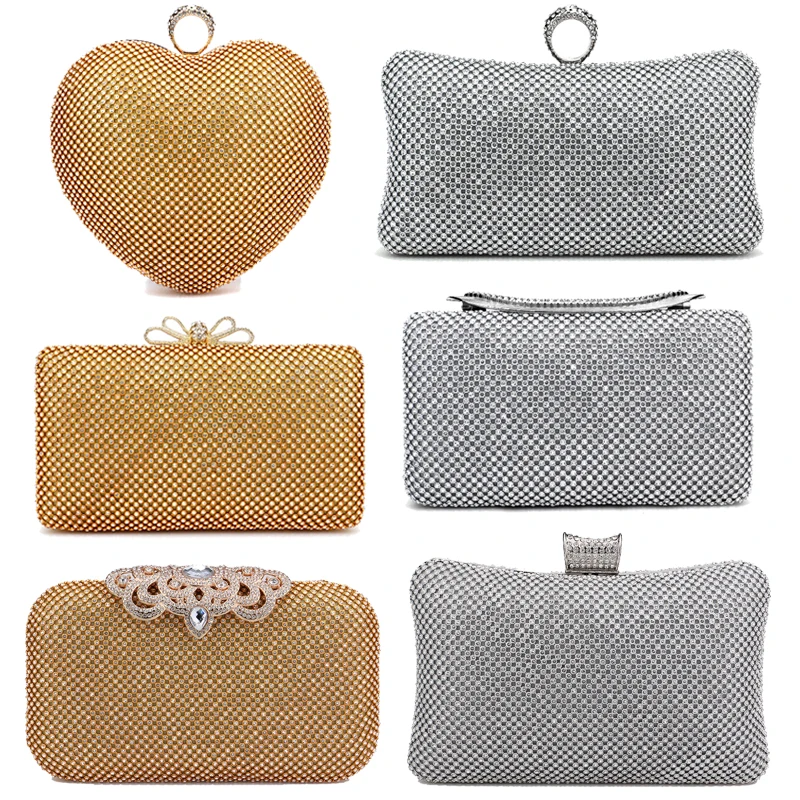 Women Evening Clutch Bag Diamond Sequin Wedding Clutch Purse and Handbag Party Banquet  Gold Silver Two Chain Shoulder Bag