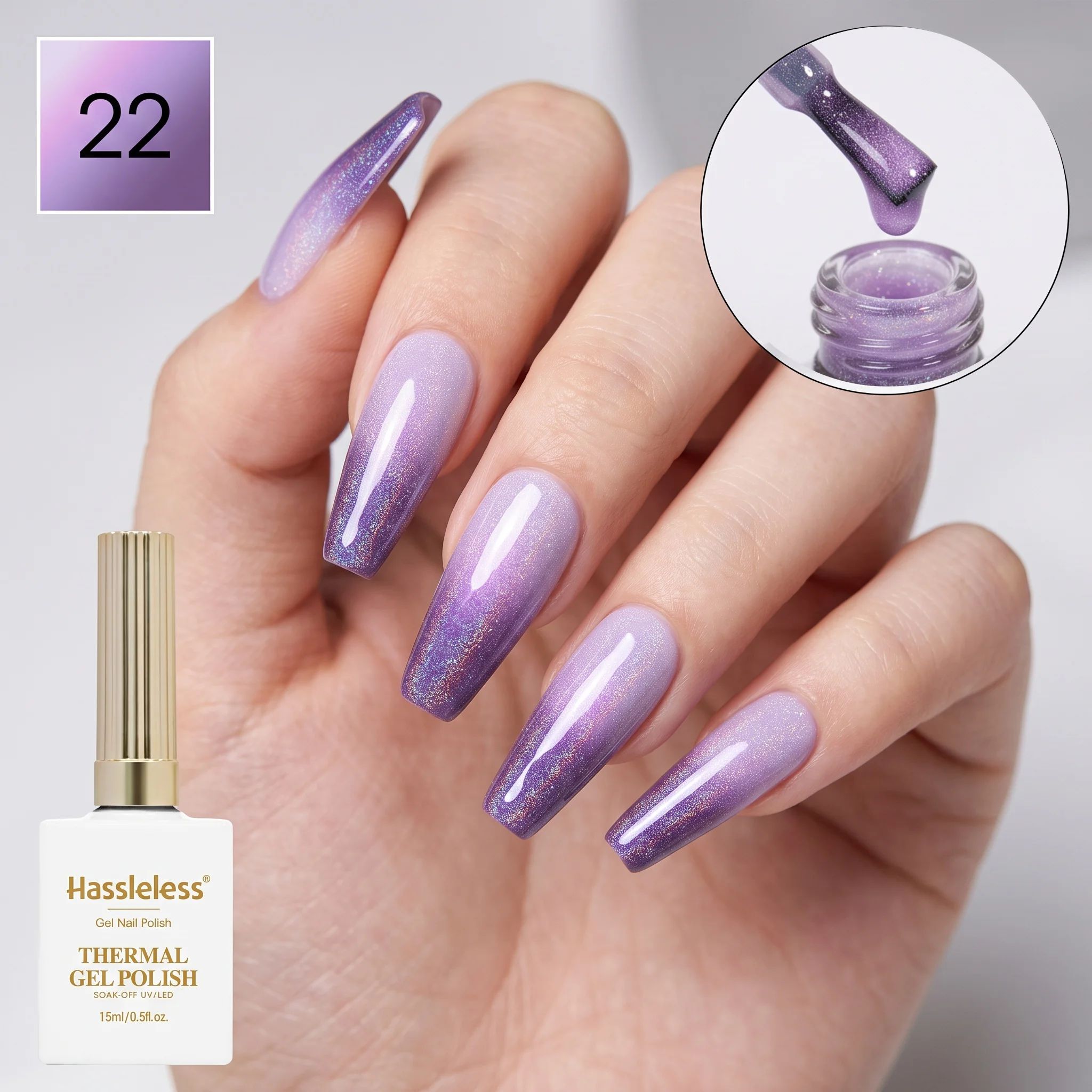 Hassleless Fine Laser Glitter Purple Temperature-Changing Nail Polish Gel, Single Tube, Moderate Gel Consistency, Smooth Application