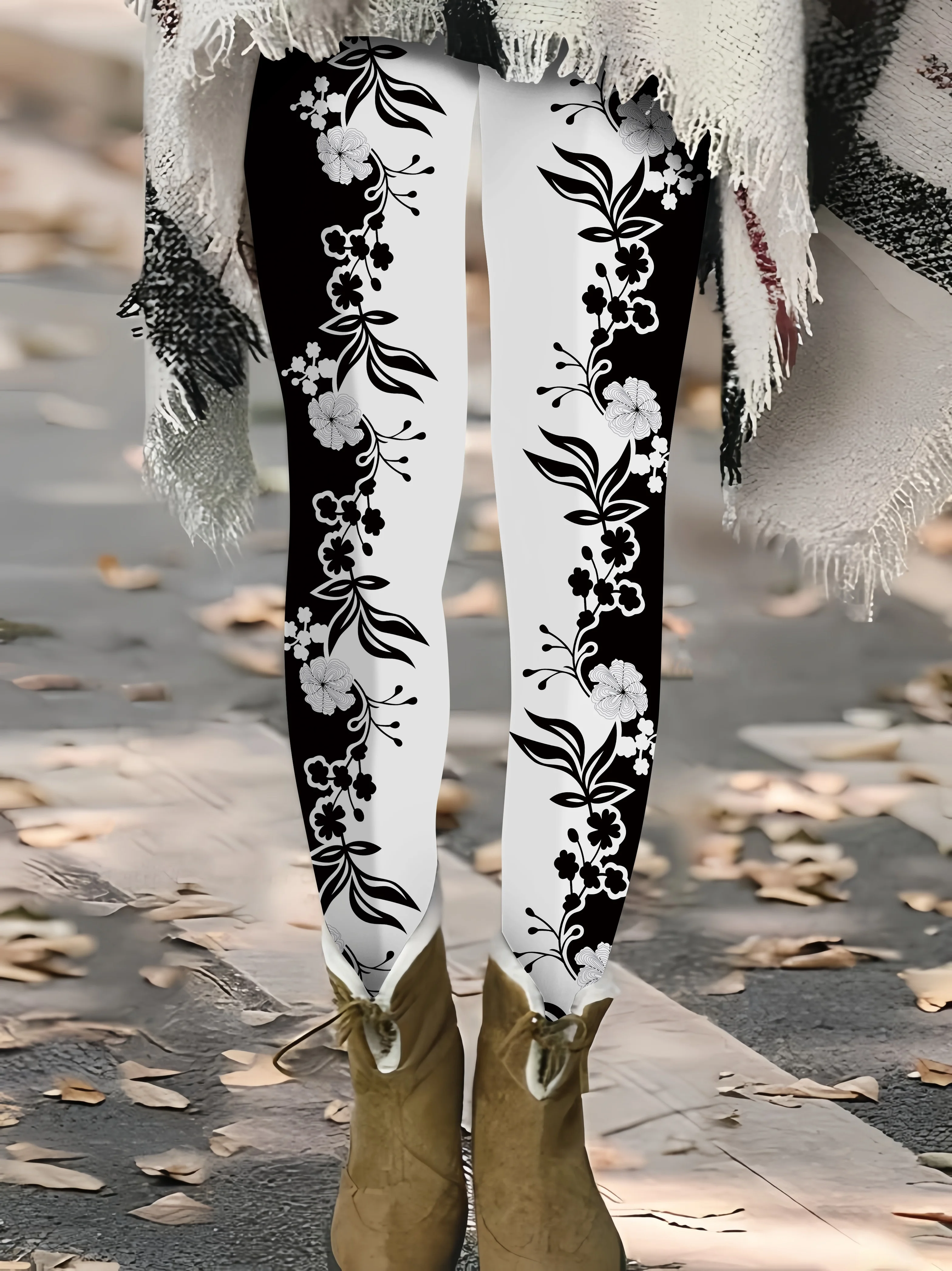 

Women's Black White Floral Vine Print Leggings Elegant Stretchy Slim Fit Casual Tights