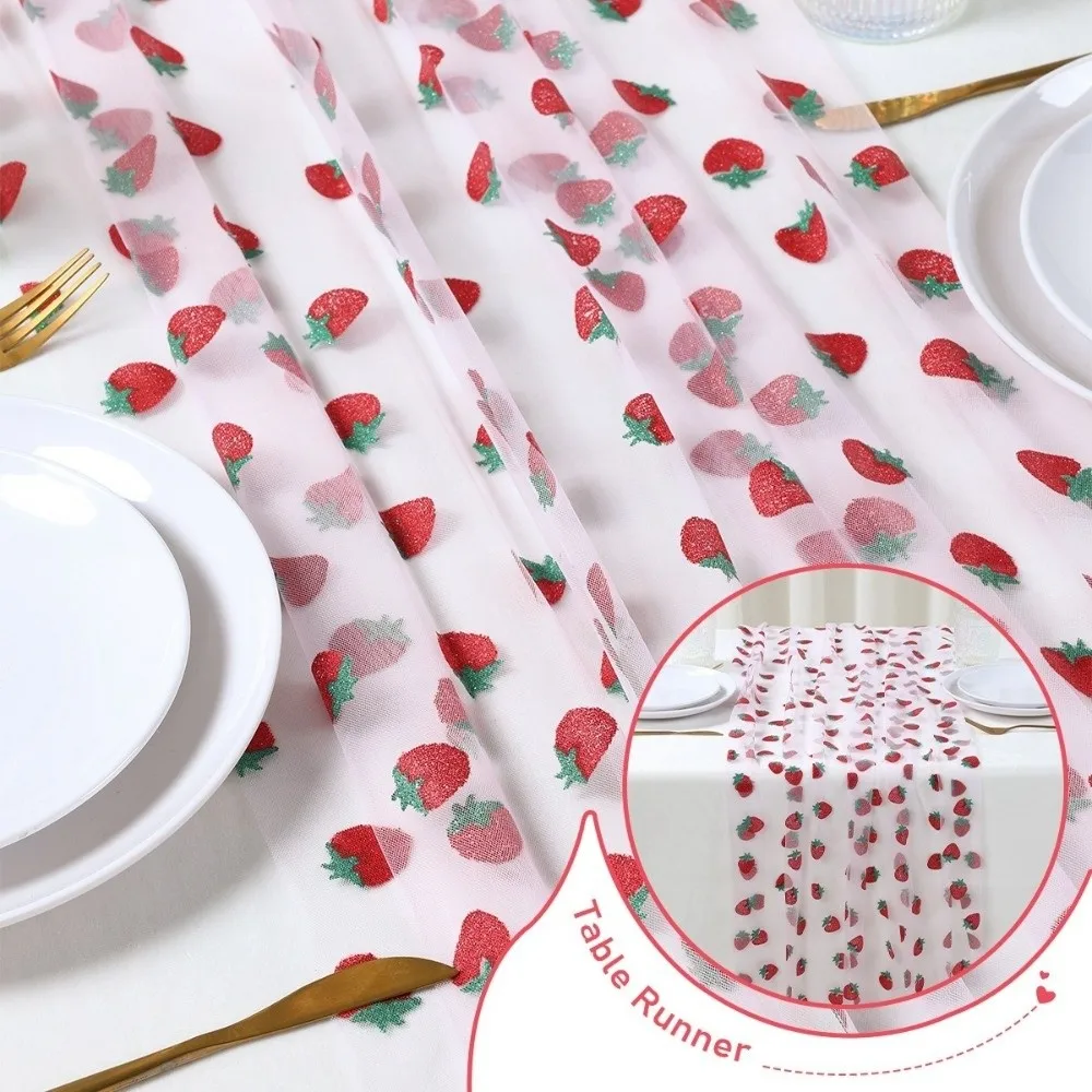 Tulle Fabric Strawberry Mesh Table Runner Polyester Sweet Glitter Gauze Tablecloth Princess Style Wedding Table Runner Party