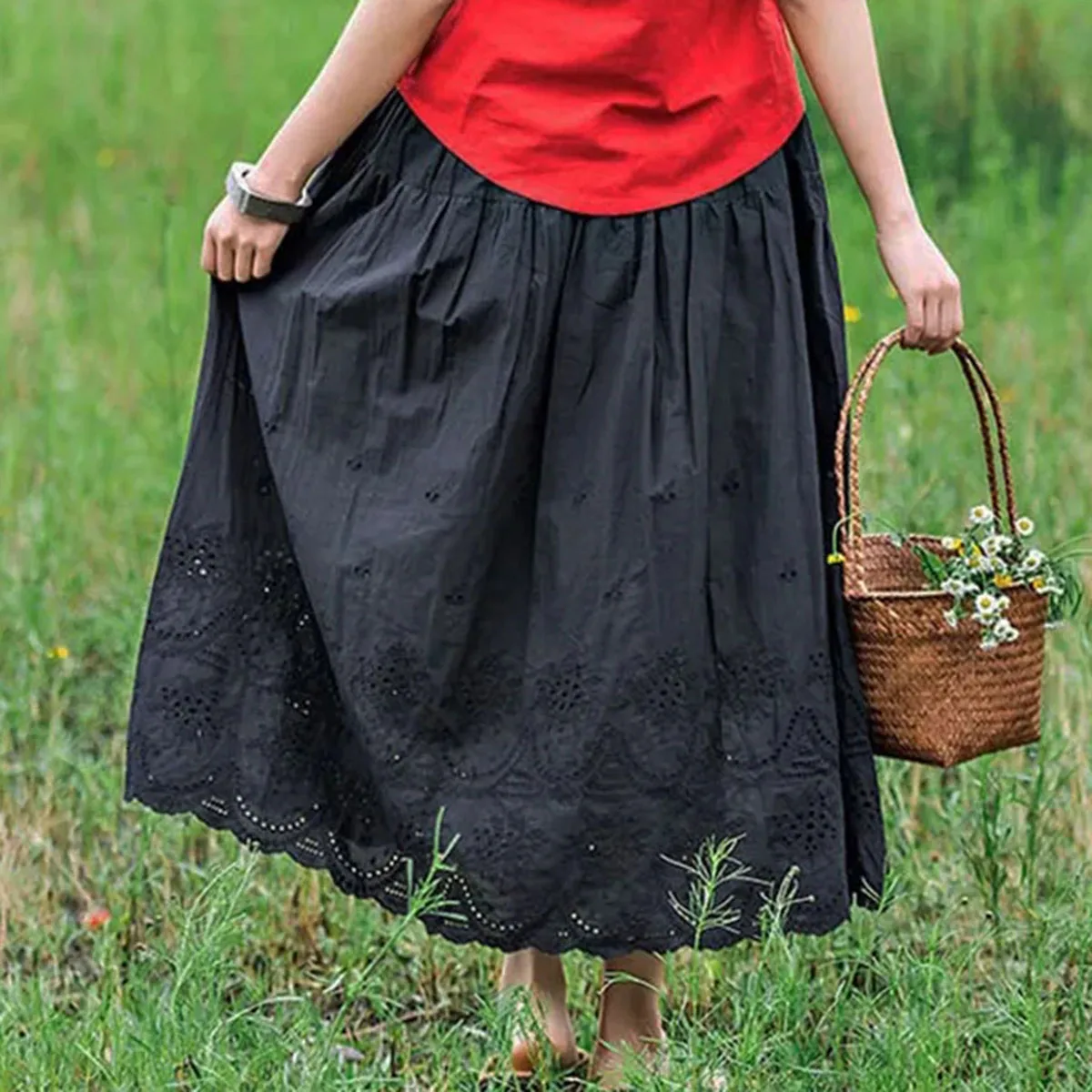 الأدبية الصيف القطن تنورة عالية الخصر المرأة مرونة الخصر فارغة Cutwork الدانتيل في طويل الأبيض الجنية الصغيرة الطازجة نصف تنورة #4