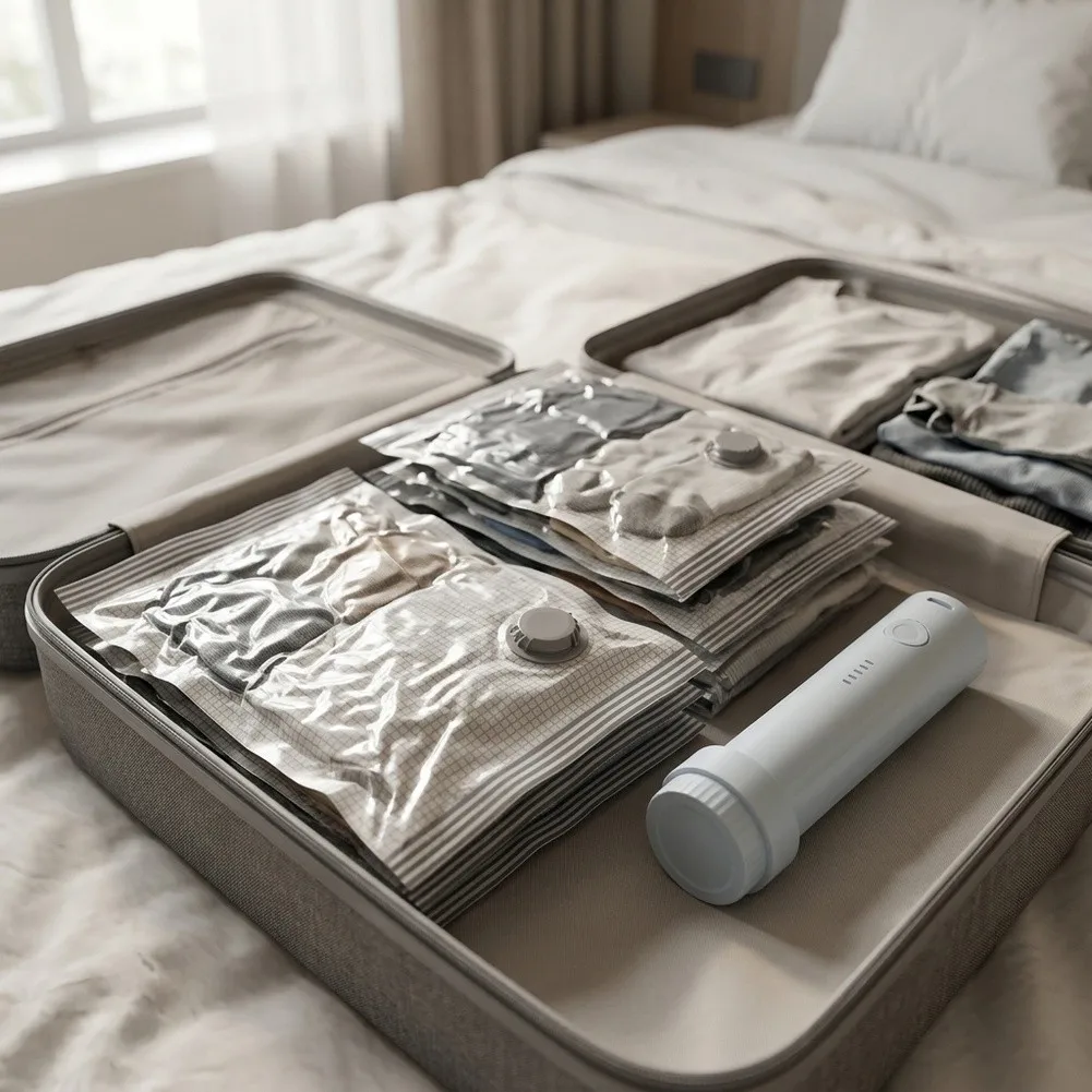 Cordless Travel Vacuum Bag Set with Rechargeable Pump for Compact Packing and Increased Storage Capacity in Luggage