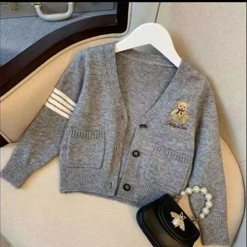 Girls Sweater Cardigan Suit 2026 New Children's JK College Uniform Suit White Shirt Short Skirt Coat Teenage Girls Clothes Set