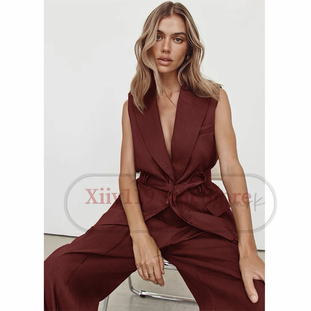 Chaleco de línea sin mangas para mujer, traje Beige de verano, nuevo estilo, pantalones, conjunto de dos piezas, chaleco informal Simple, traje para
