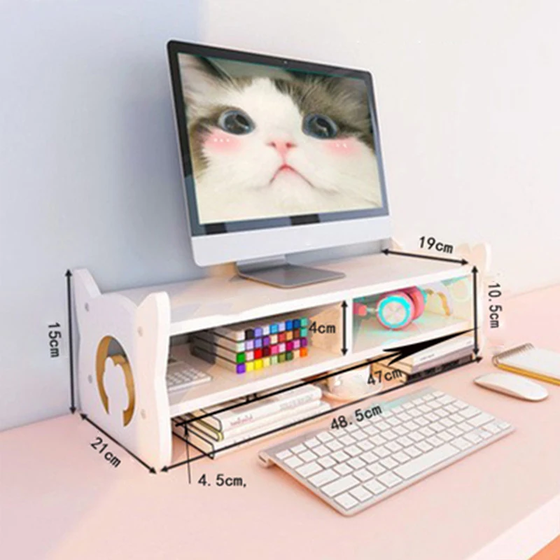 Double-Deck Cute Cat Palm Kitty Head Computer Monitor Riser Holder PC Screen Stand Bracket Desktop Storage Keyboards Mouse