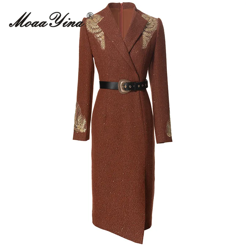 

MoaaYina Autumn And Winter Needle V-Neck Nail Bead Decoration Long Sleeved Waistband Waist Cinching Coat