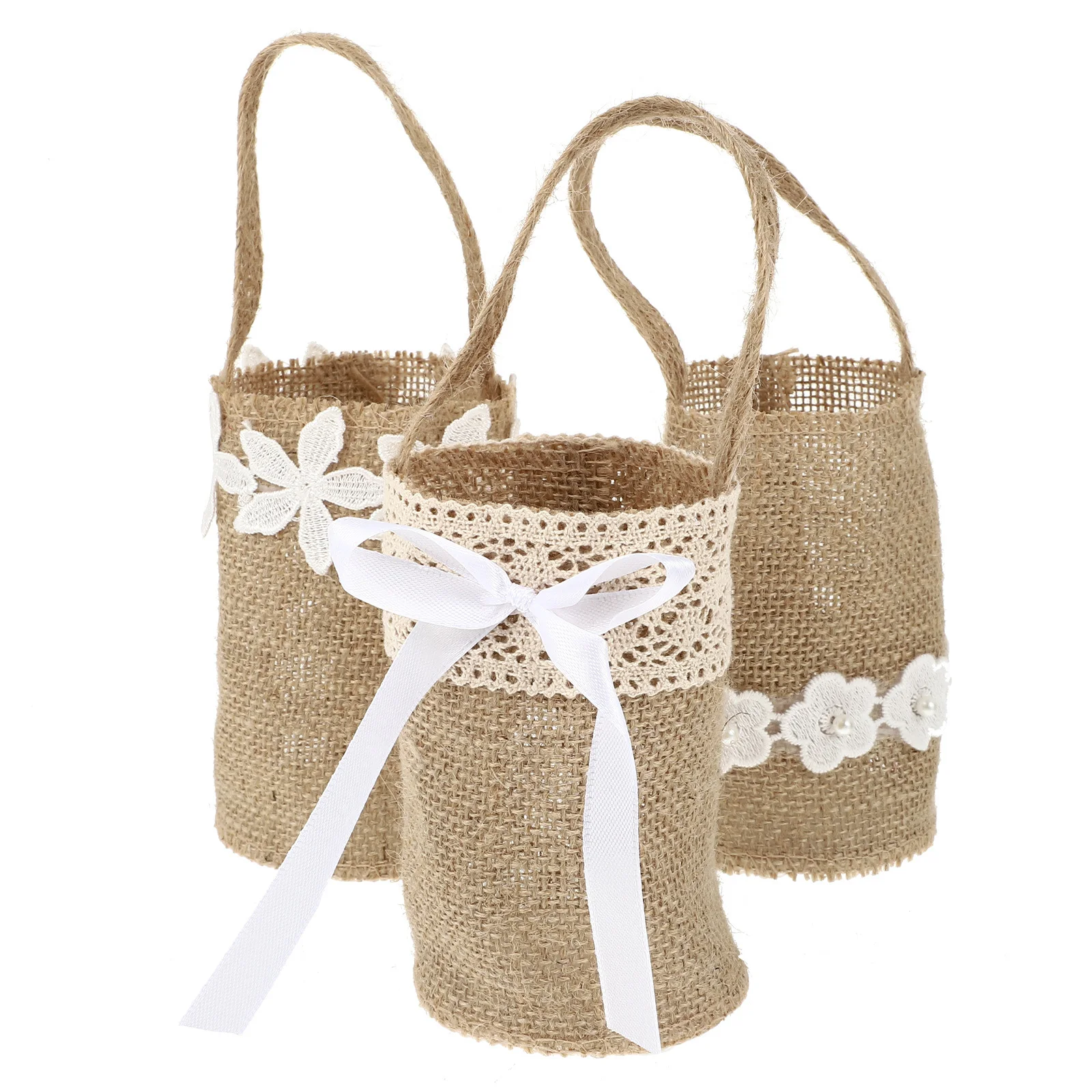 

3Pcs Linen Burlap Flower Girl Basket Handheld Storage Basket Home Decoration Gift Candy Petal Holder Burlap Baskets