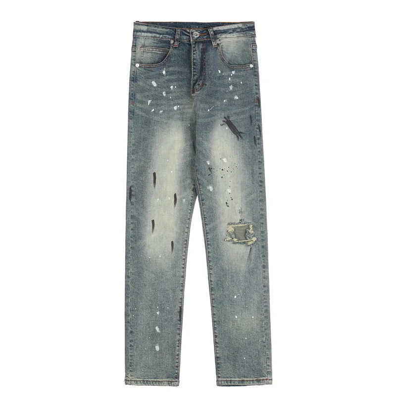 High Street Washing Make Old Blue Splash-ink Retro Ripped Jeans Male Slim Pencil Pants Full Length Denim Trousers Streetwear Men