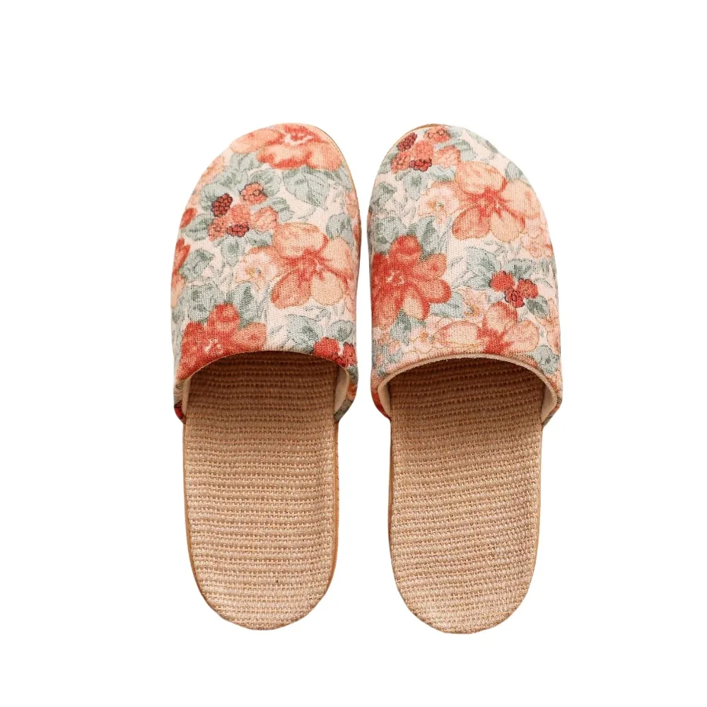 

Поглощающие пот милые льняные тапочки, женские мягкие тапочки на плоской подошве с цветочным принтом, нескользящие шлепанцы с бесшумной подошвой, домашние сандалии