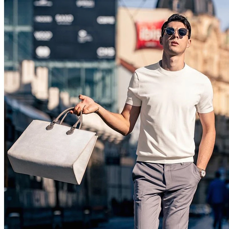 Men's Money Style Ice Silk Knitted Round Neck Short Sleeve Solid Color Casual Lyocell Blend Multi-color Selection