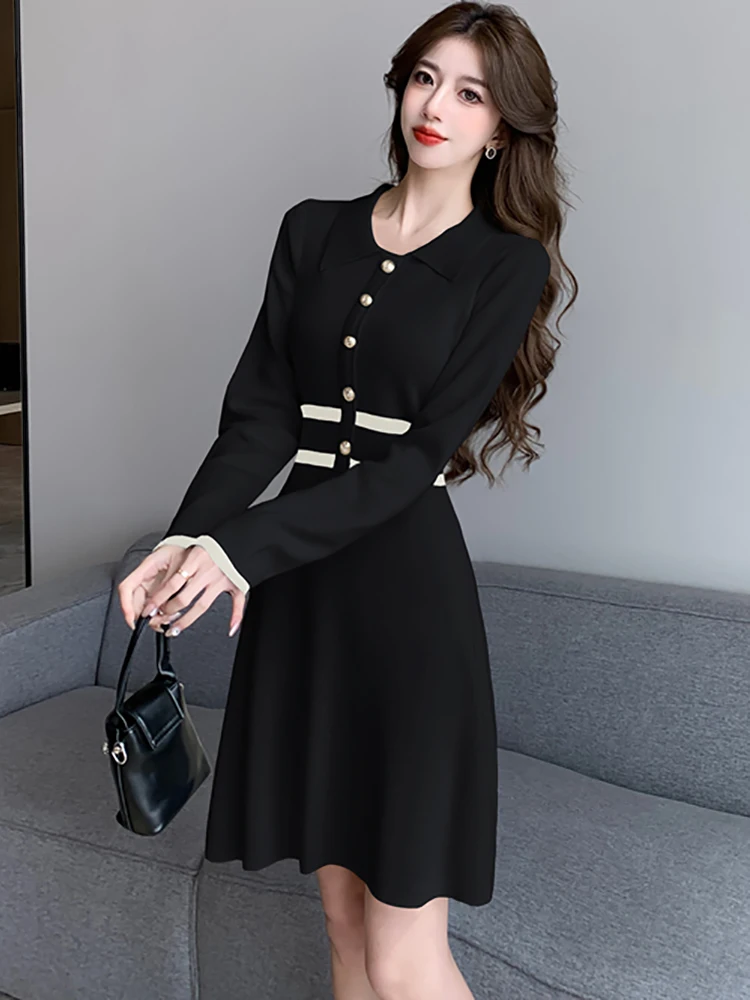 الخريف الشتاء الأبيض محبوك كم طويل بولو طوق ميدي فستان المرأة أنيقة السببية ألف خط فستان 2025 الكورية Bodycon فستان الحفلات