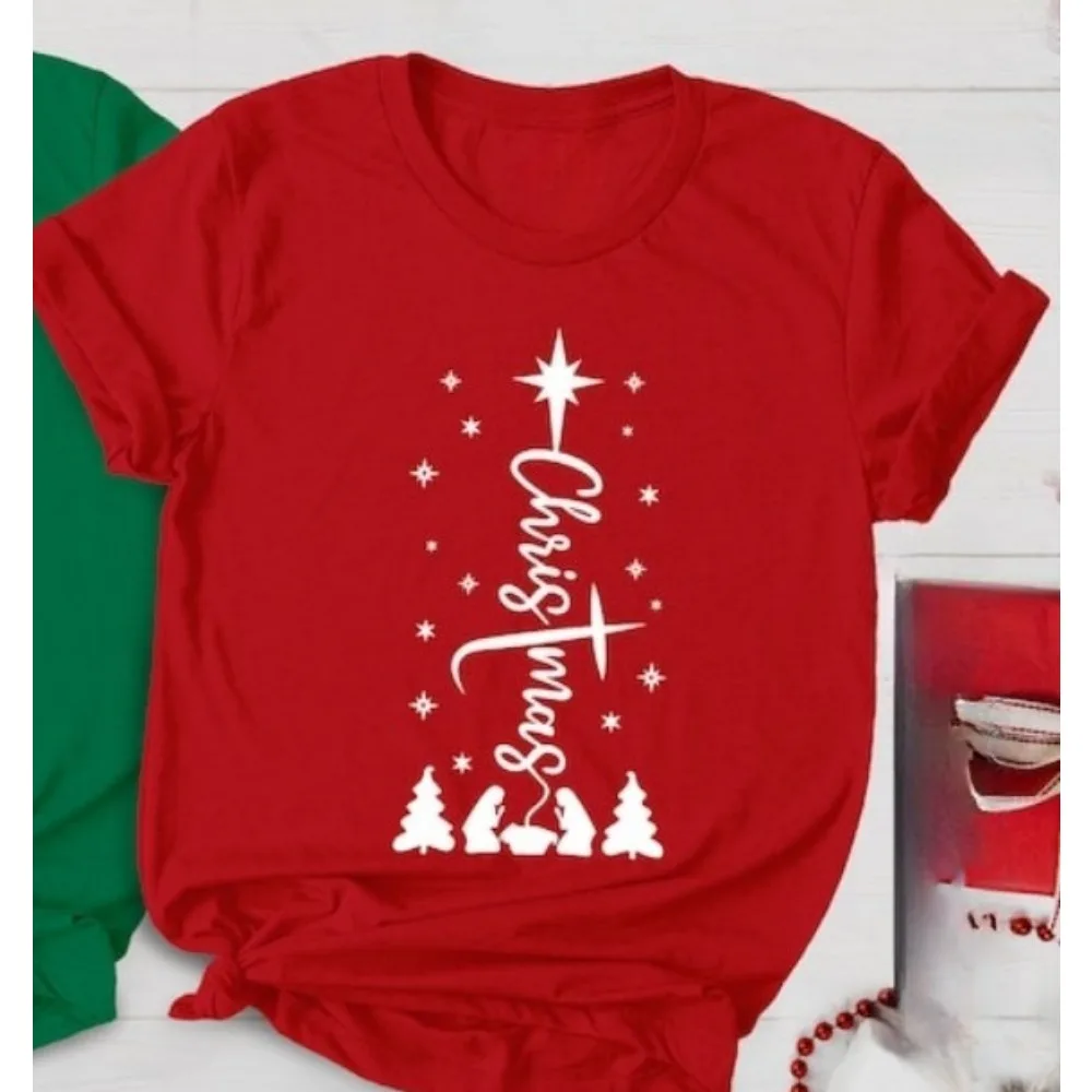 Chemise de noël croisée, scène de la nativité, T-Shirt Joy To The World, cadeaux de noël religieux, hauts graphiques, vêtements pour femmes