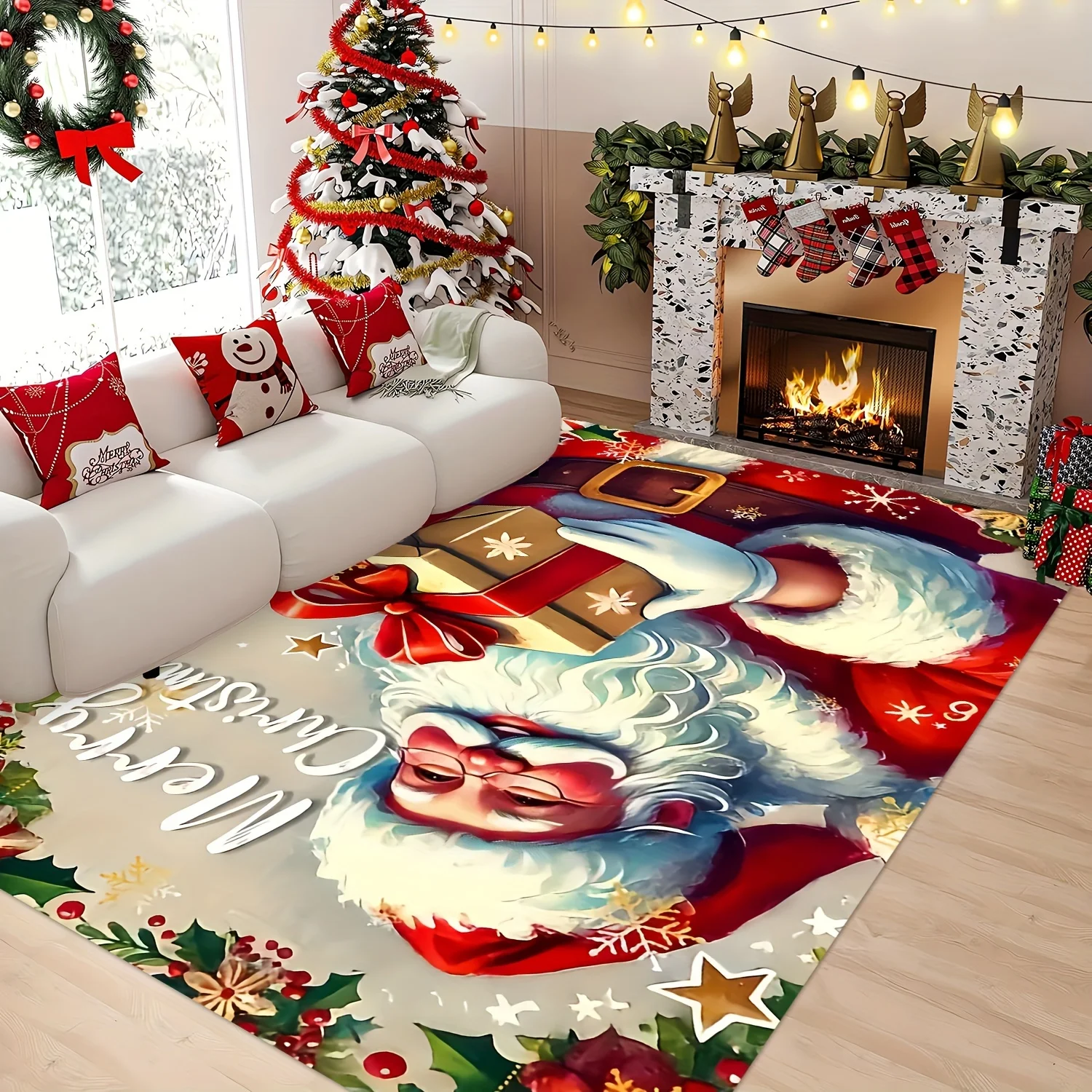 Merry Christmas Area Rug Santa Claus Gift Box Large Printed Carpet Festive Home Decor Stars Snow Pattern Floor Mat Room