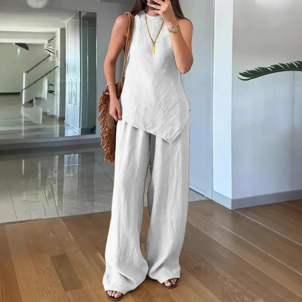 

Casual Sleeveless Cotton Linen Pants Women 2piece Set Summer Loose Simple Irregular Top + Wide-leg Trousers Female Two Piece Set