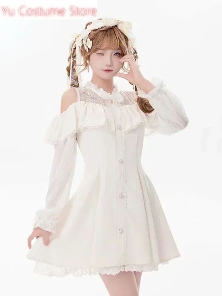 

Sweet Ruffled Collar Bow Dress Women Vintage Patchwork LaceDresses Fairy Y2k Japanese Off Shoulder PartyMidi Vestidos Yu Costume