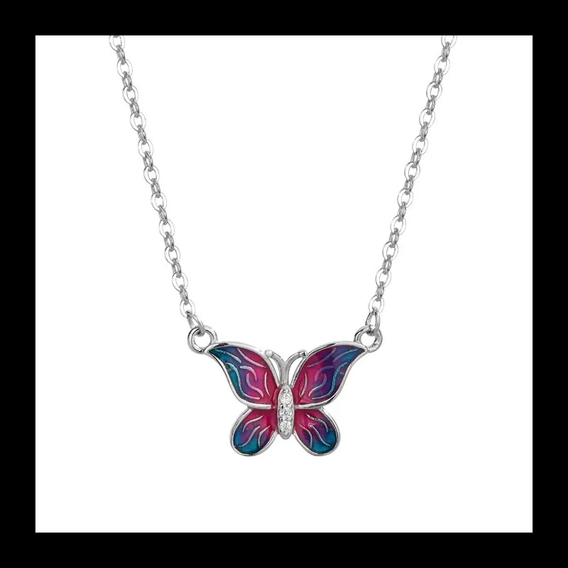 الرجعية S925 الفضة الاسترليني مسحوق أزرق جديد تغيير تدريجي الايبوكسي فراشة قلادة الأزياء الخفيفة الفاخرة عالية الشعور قلادة ومي