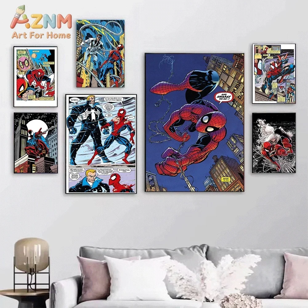 Superhero Spider‑Man Iron Man Comic Canvas Wall Art Retro Marvel Character Print Poster, Unframed Canvas Picture for Boys Bedroo