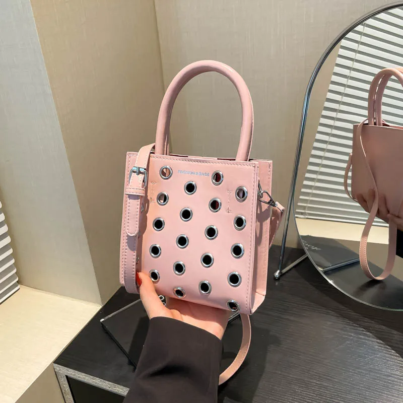 

Vintage Eyelet Hollow Out Mini Tote Handbag Women Retro Faux Leather Top Handle Crossbody Bag Metal Ring Cutout Small Shoulder