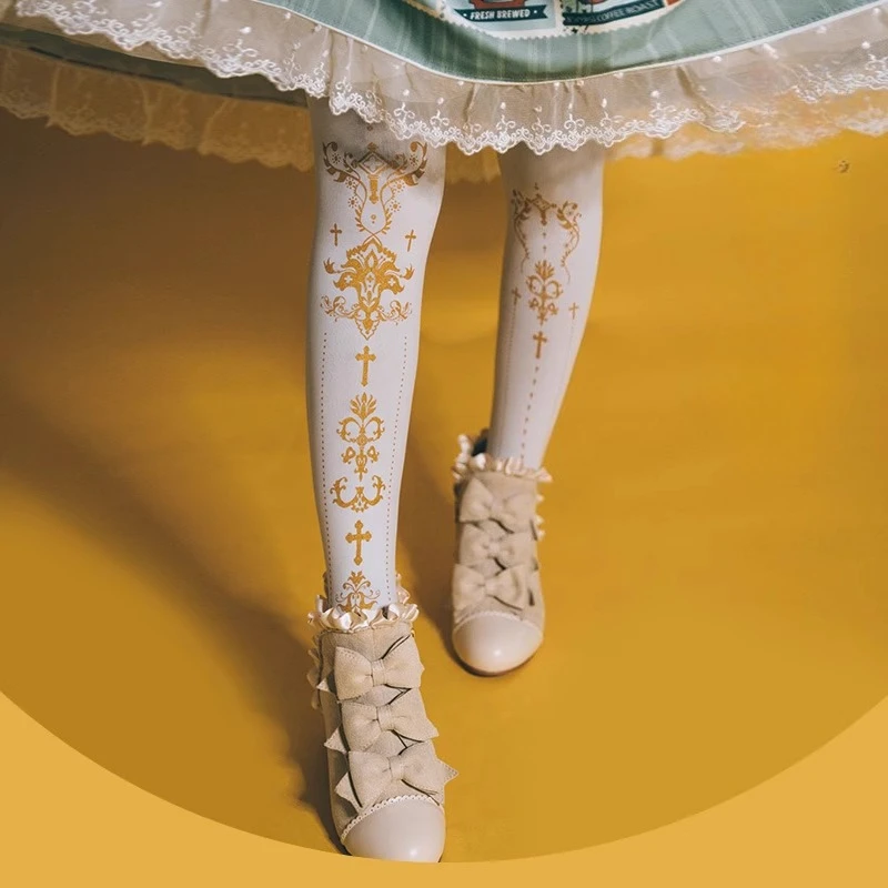 Japanese Original Socks Ode To The Cross Lolita Stockings Pantyhose Sweet Stockings Bronzing Print Velvet Pantyhose for Women
