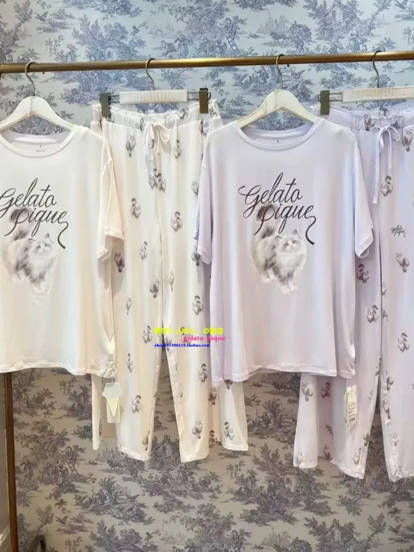 かわいい猫プリントモーダル夏用パジャマ半袖ホーム服セット GP ジェラートピケユースカジュアルソフトラウンドネックプルオーバー 1