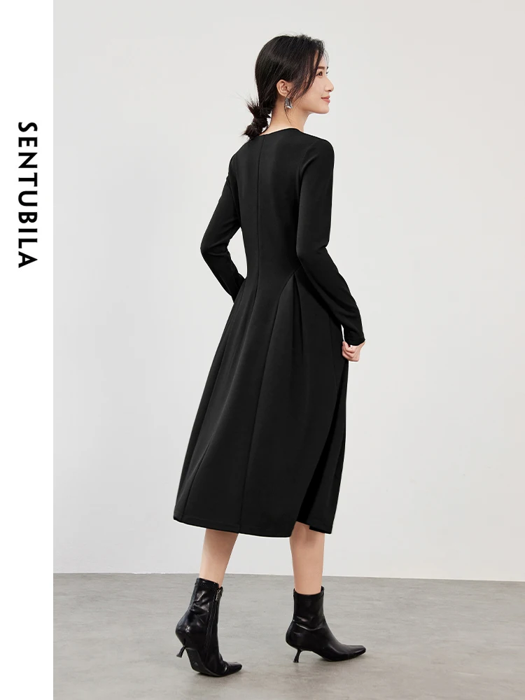 SENTUBILA Retract Waist Knit Black Dress for Women 2024 Autumn Solid Slim Fit Shirring V Neck Long Sleeve Women Dress 143L56478