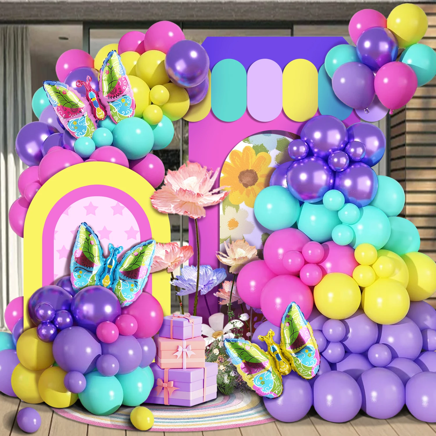120-teiliges Set aus rosa, blauen und lila Ballonbögen, kombiniert mit bunten kleinen Schmetterlingsballons, geeignet für Magic Garde. – Detail 1