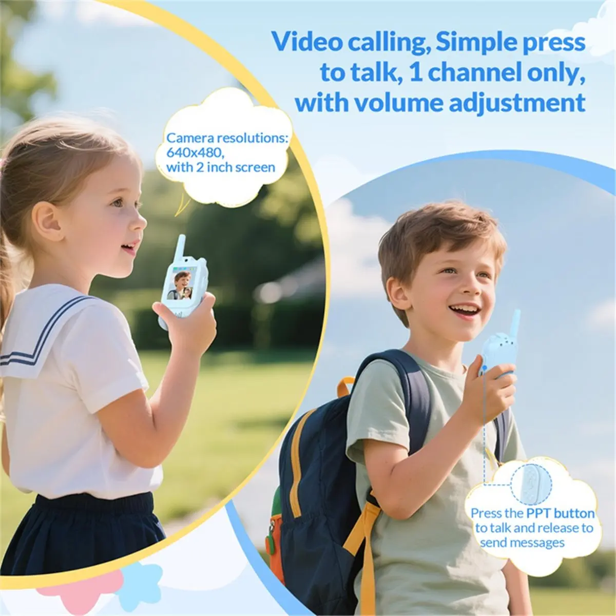 

Kids Video Walkie Talkie with 2inch HD Screen USB-C Rechargeable One-Click HD Call Intercom for Kid Ideal Gift
