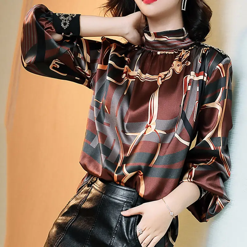 Women\'s Clothing Vintage Printed Blouse Chic Embroidery Spring Autumn New Half High Collar All-match Silk Korean Patchwork Shirt