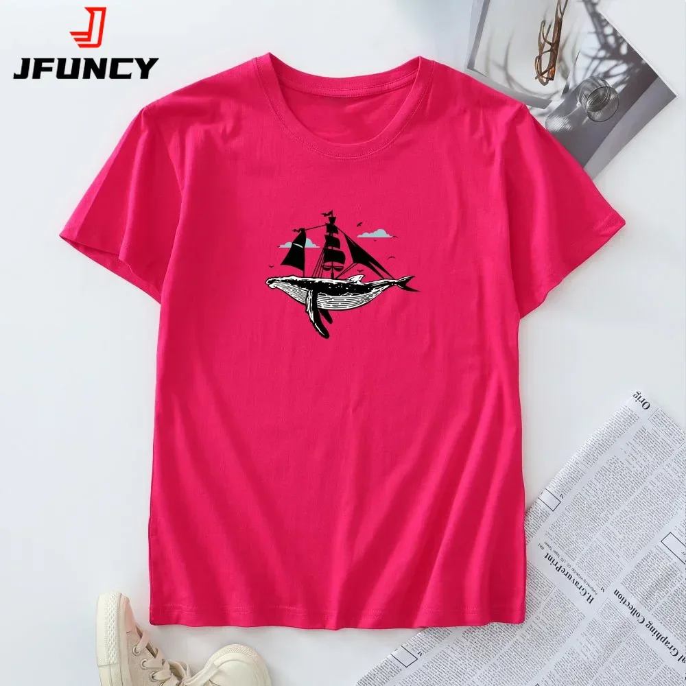 Plus Size T-shirt Women's Cotton Tees Summer Short Sleeve Tops Woman Clothing Female Tshirt Whale Sailboat Graphic T Shirts