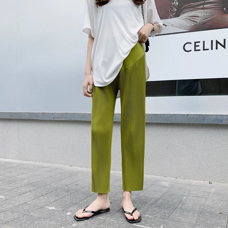 

2024 Summer Pregnant Women Wide-legged Pants Pleated Straight Leisure Wear Solid Color High Waist Maternity Chiffon Trousers