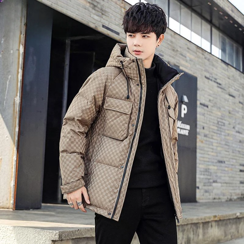 

Winter New Men Trendy Hooded Plaid Down Jacket Male Business Thickening Warm Casual Short Outwear Large Size Solid Color Outcoat