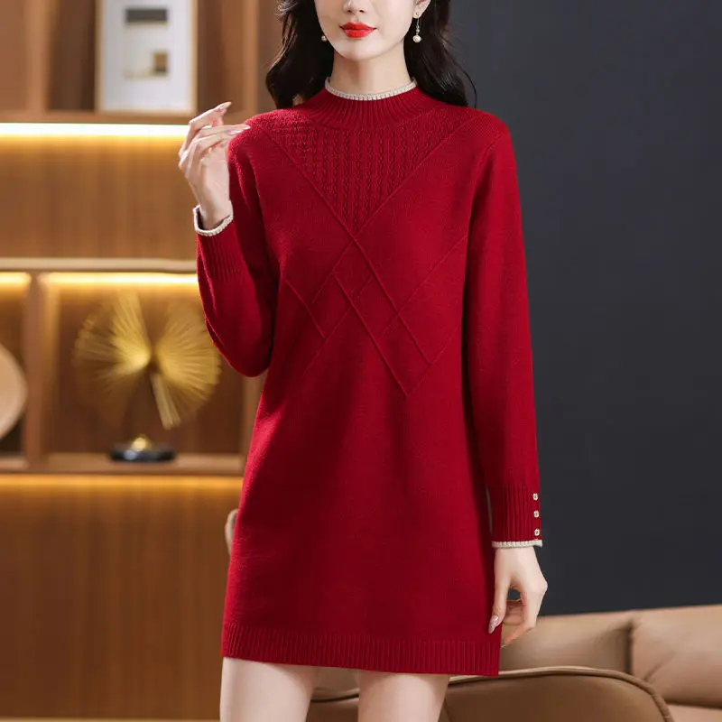 

Autumn Winter Women Sweater Pullover New Solid Color Mid Long Knitted Sweater Half Turtleneck Sweater Female Bottoming Shirt
