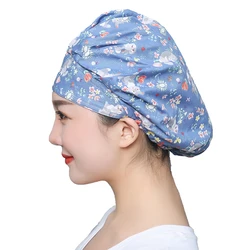 Printed Sweatband Scrubs Caps Women Bandage Buttons Working Hats Elastic Adjustable Washable Cotton Nursing Workwear Hats