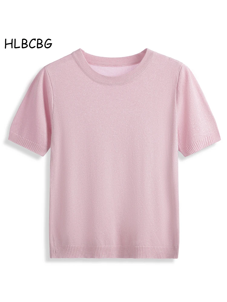 HLBCBG Lurex Glitter Women Summer T Shirt Knitted Casual Short Sleeves Top O-Neck Slim Kintwear Basic Female T-shirt