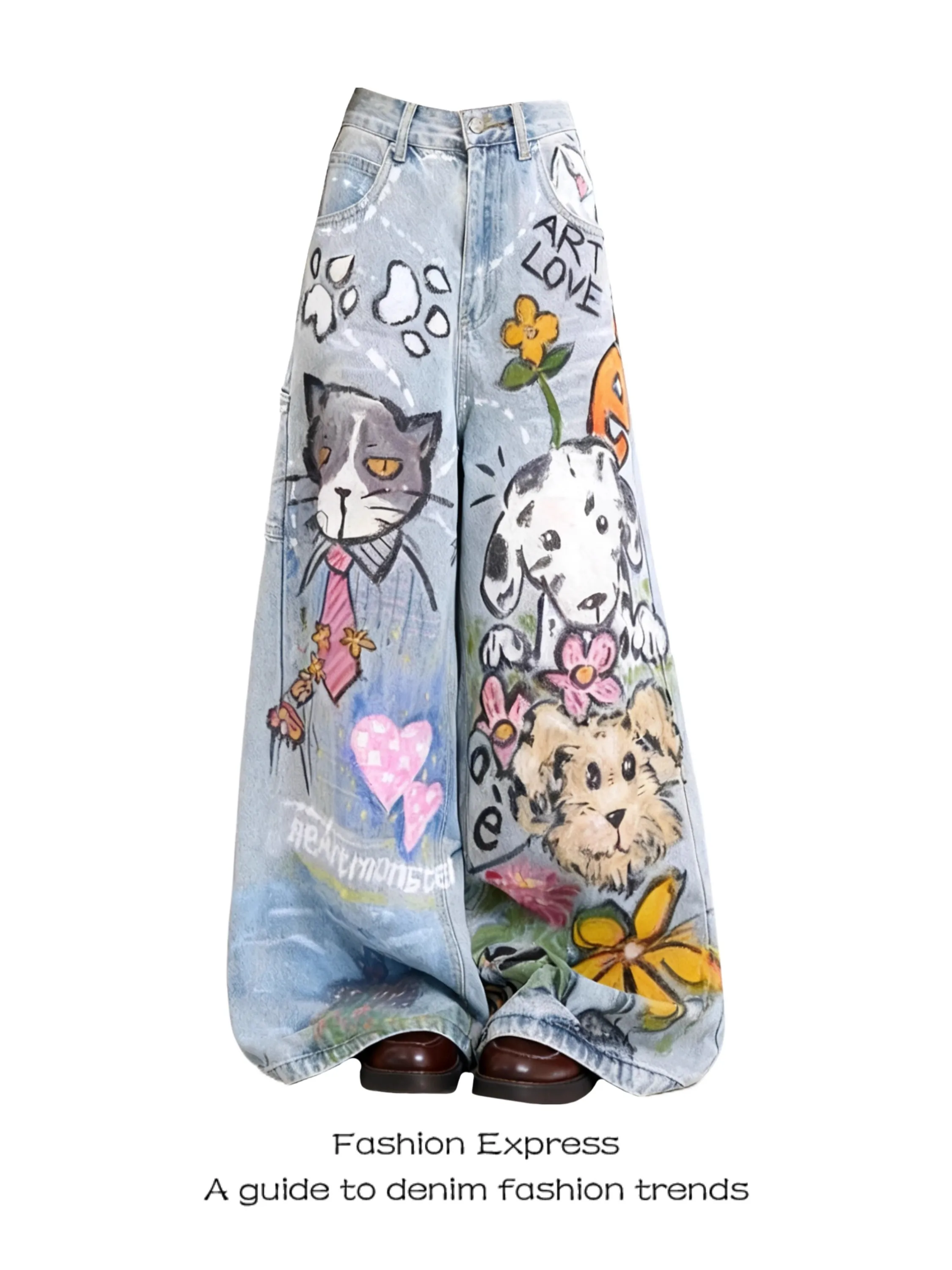 

Fun Dog Hand-Drawn Graffiti High Waist Loose Straight Leg Jeans Women's Spring Autumn New American Style Casual Cotton Denim