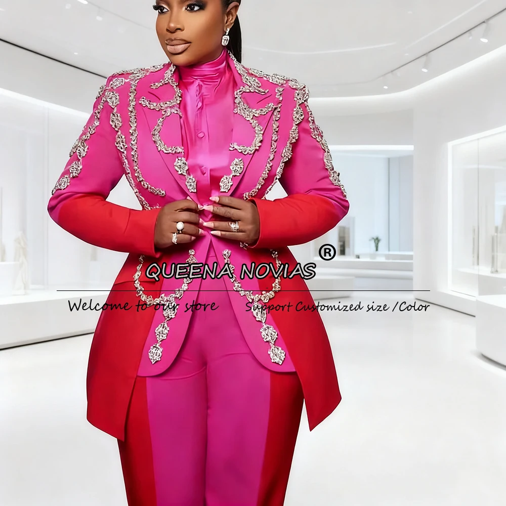 

Pink Red Spliced Mother Of Bride Dresses 2 Pieces Sets Women Pants Sutis Customized Diamond Beaded Prom Blazers For Wedding Gues