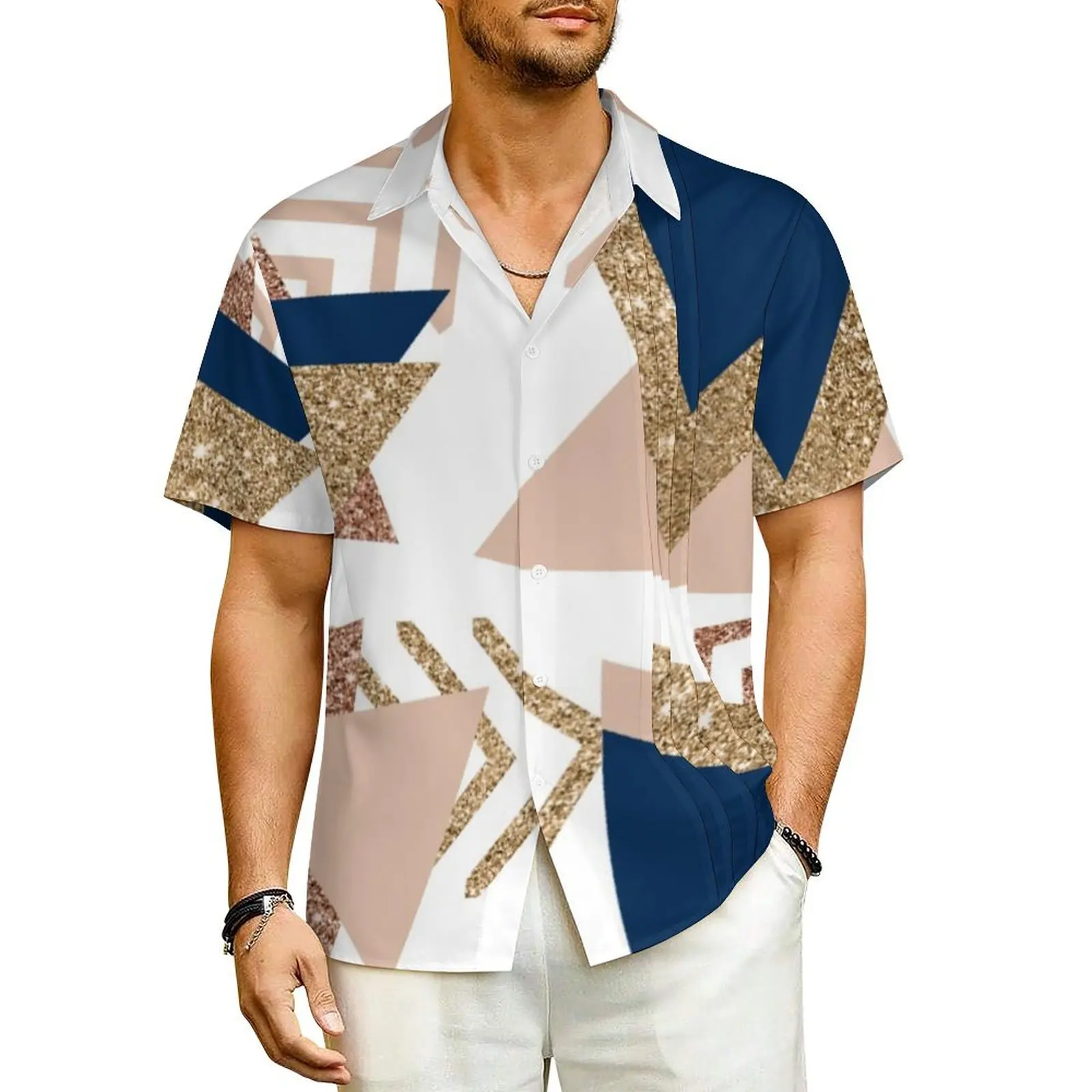 Mid-Century Print Beach Shirt Rose Gold Shapes Summer Casual Shirts Male Vintage Blouses Short-Sleeve Breathable Pattern Clothes