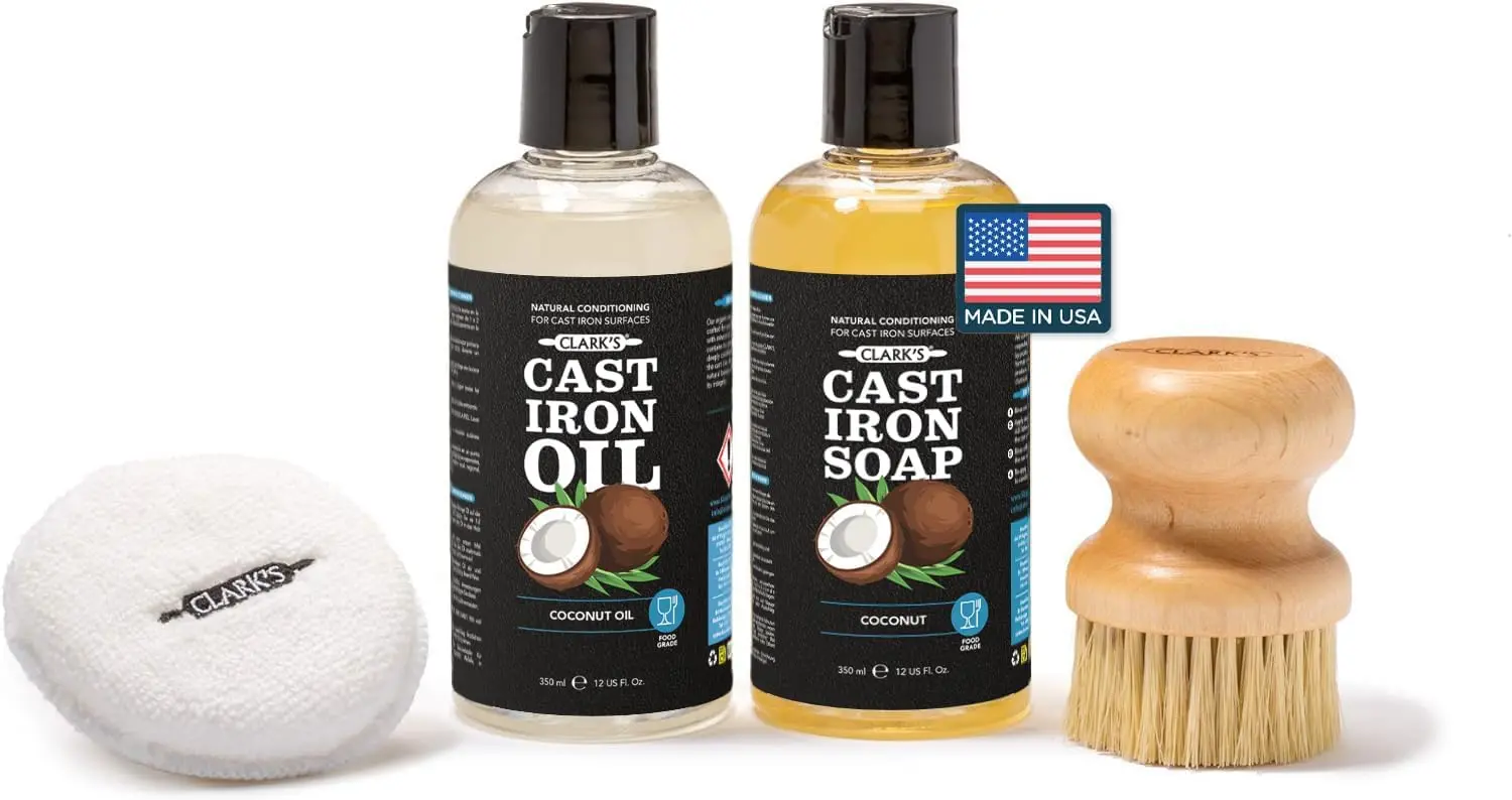 

Complete Cast Iron Cleaning Kit with Coconut Oil – Seasoning Oil, Soap, Brush & Pad for Pans and Skillets