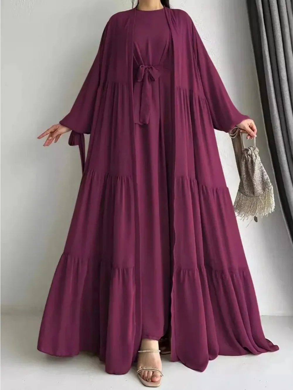 Modest Women Dresses Suit Long Coat Robe Muslim 2 Piece Set Vestidos Sashes Dubai Saudi Morocco Abayas Eid Ramadan Jalabiya