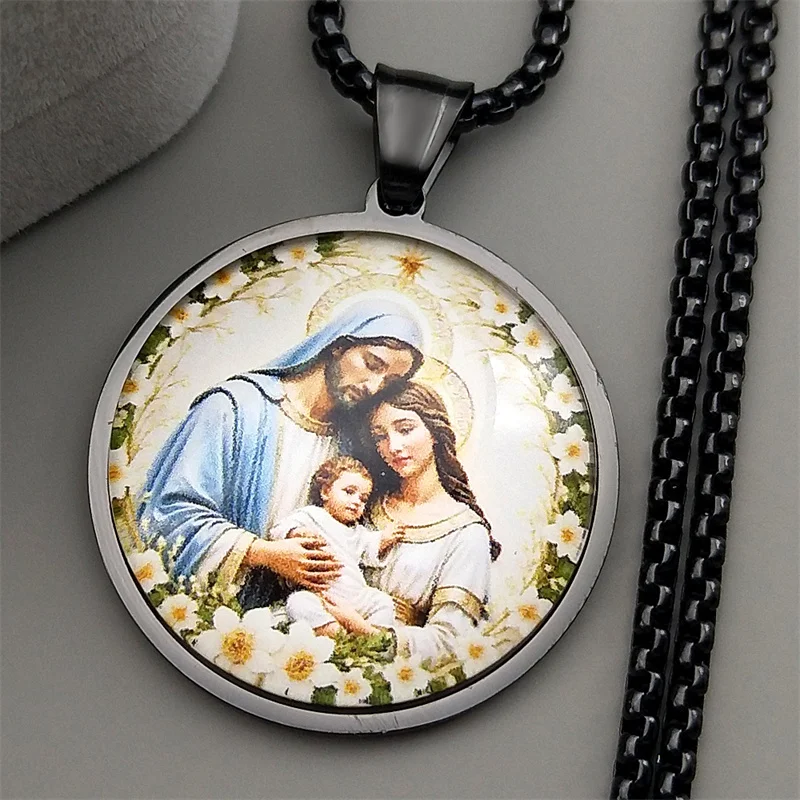مريم العذراء الطفل يسوع الزجاج ميدالية قلادة مستديرة للنساء الرجال الفولاذ المقاوم للصدأ الذهب اللون سانت جوزيف تميمة المجوهرات #5